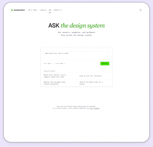 Design Context 'Ask the design system' AI assistant page with a question input and suggested prompts