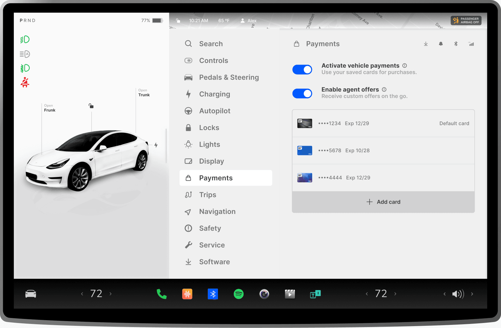 Tesla in-vehicle Payments screen showing vehicle payments and agent offers toggles