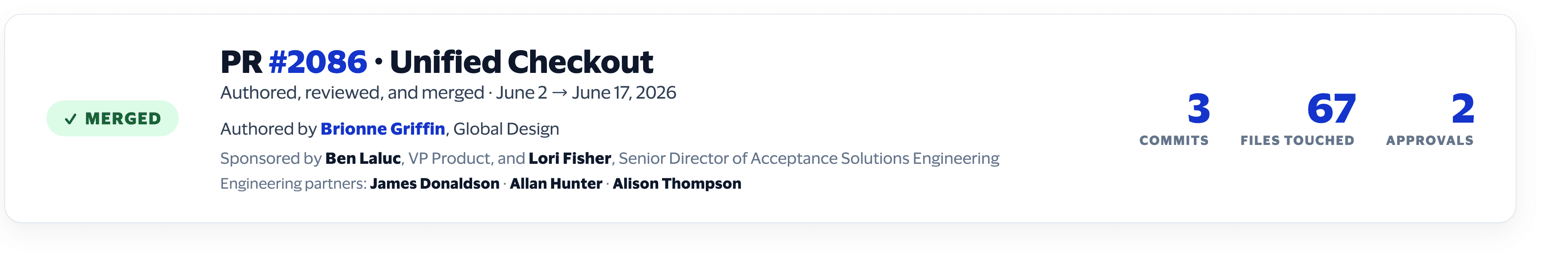 PR #2086, Unified Checkout: merged, authored by Brionne Griffin, sponsored by Ben Laluc (VP Product) and Lori Fisher (Senior Director, Acceptance Solutions Engineering) — 3 commits, 67 files touched, 2 approvals